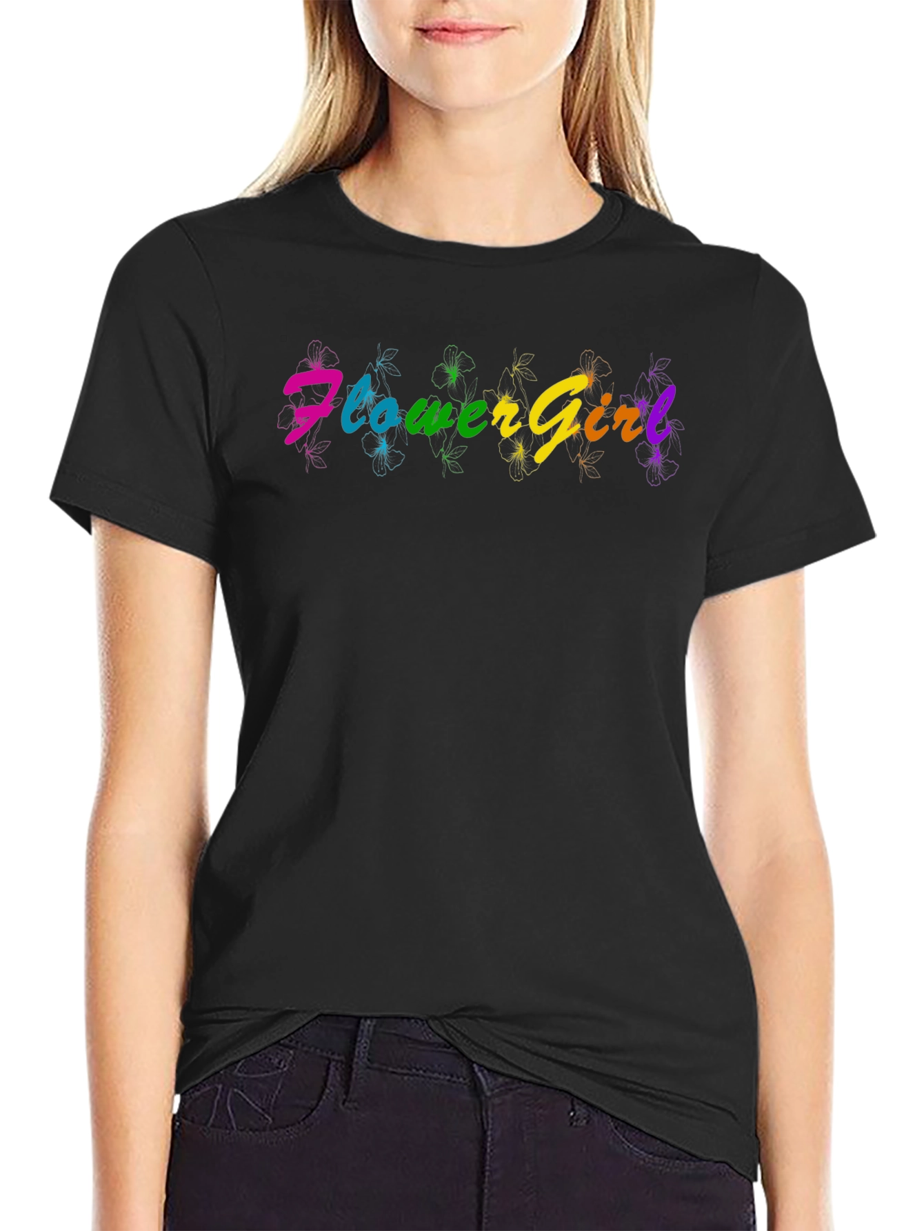 Black Rainbow Flower Girl T-Shirt - Fun & Vibrant Design view 2