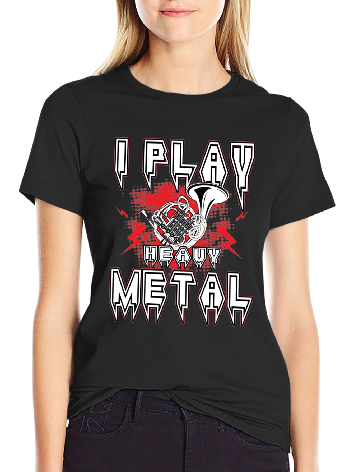 Black I Play Heavy Metal French Horn Music T-Shirt view 2