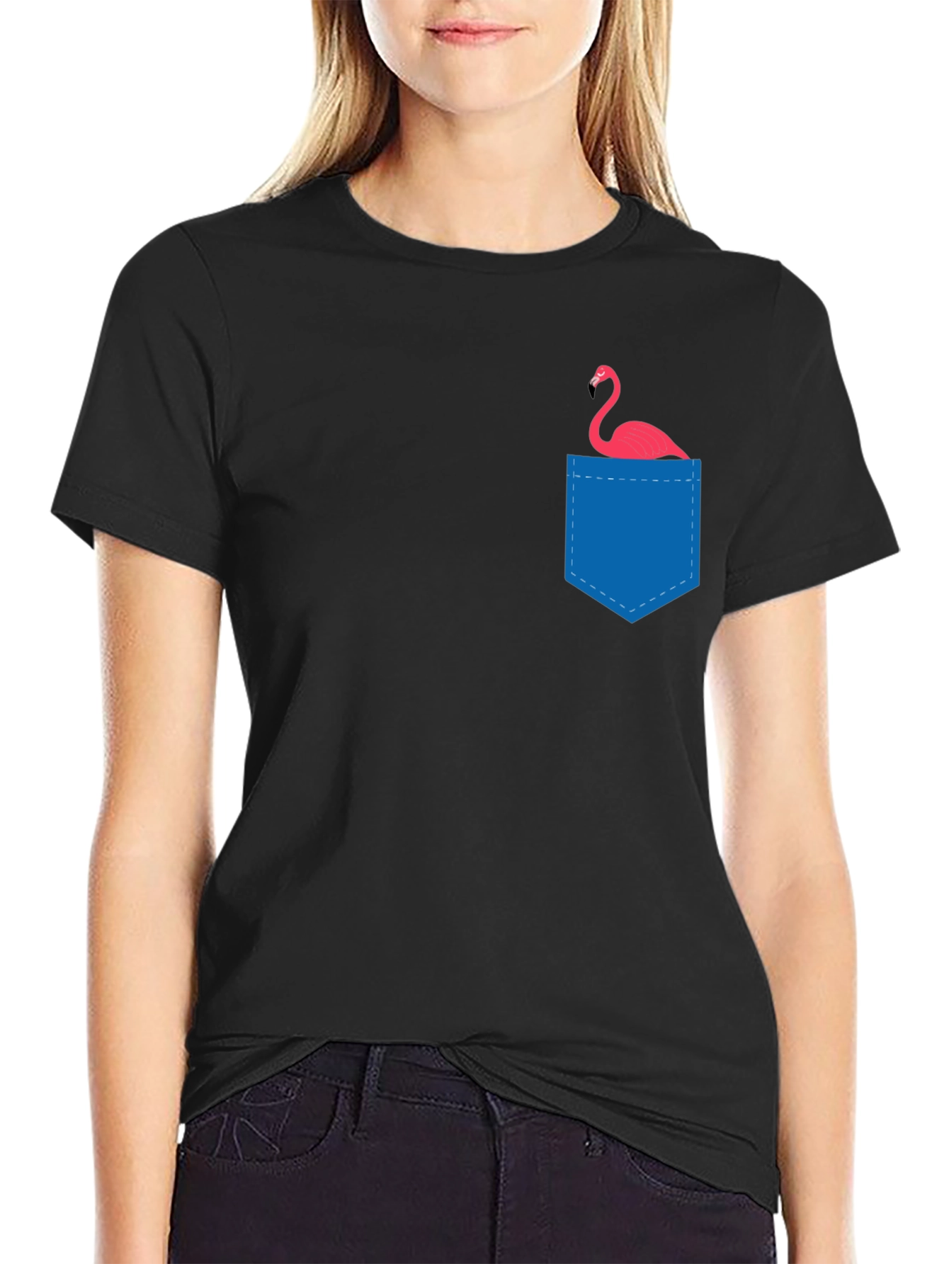 Black Men's Black T-Shirt with Flamingo Pocket view 2