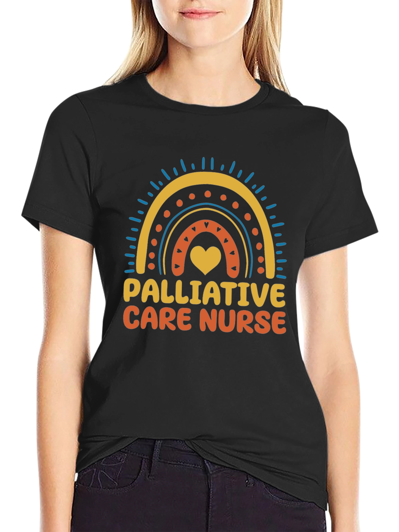 Black Palliative Care Nurse Rainbow Heart T-Shirt view 2