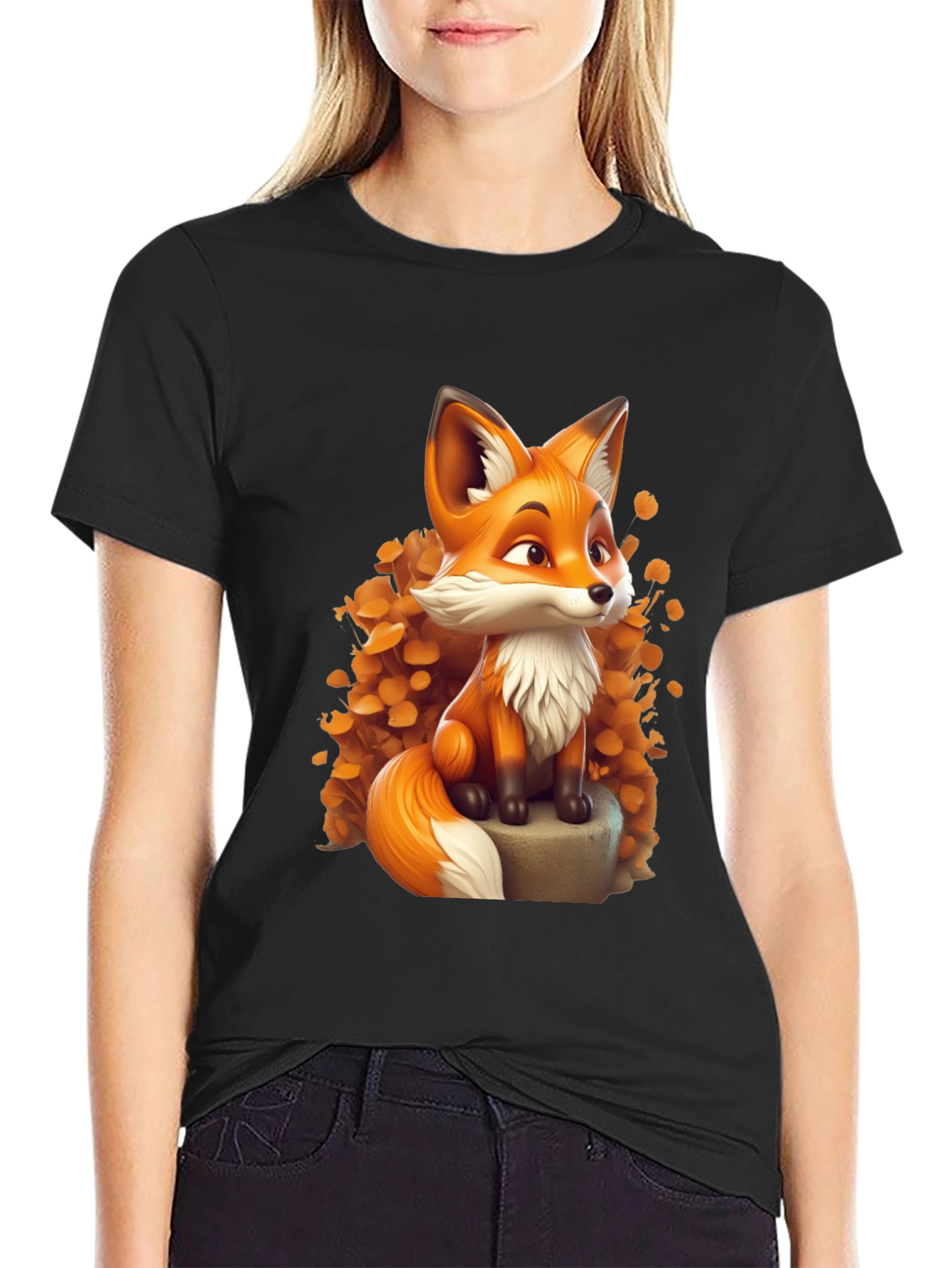 Black Cartoon Fox Graphic Tee - Stylish & Comfortable view 2