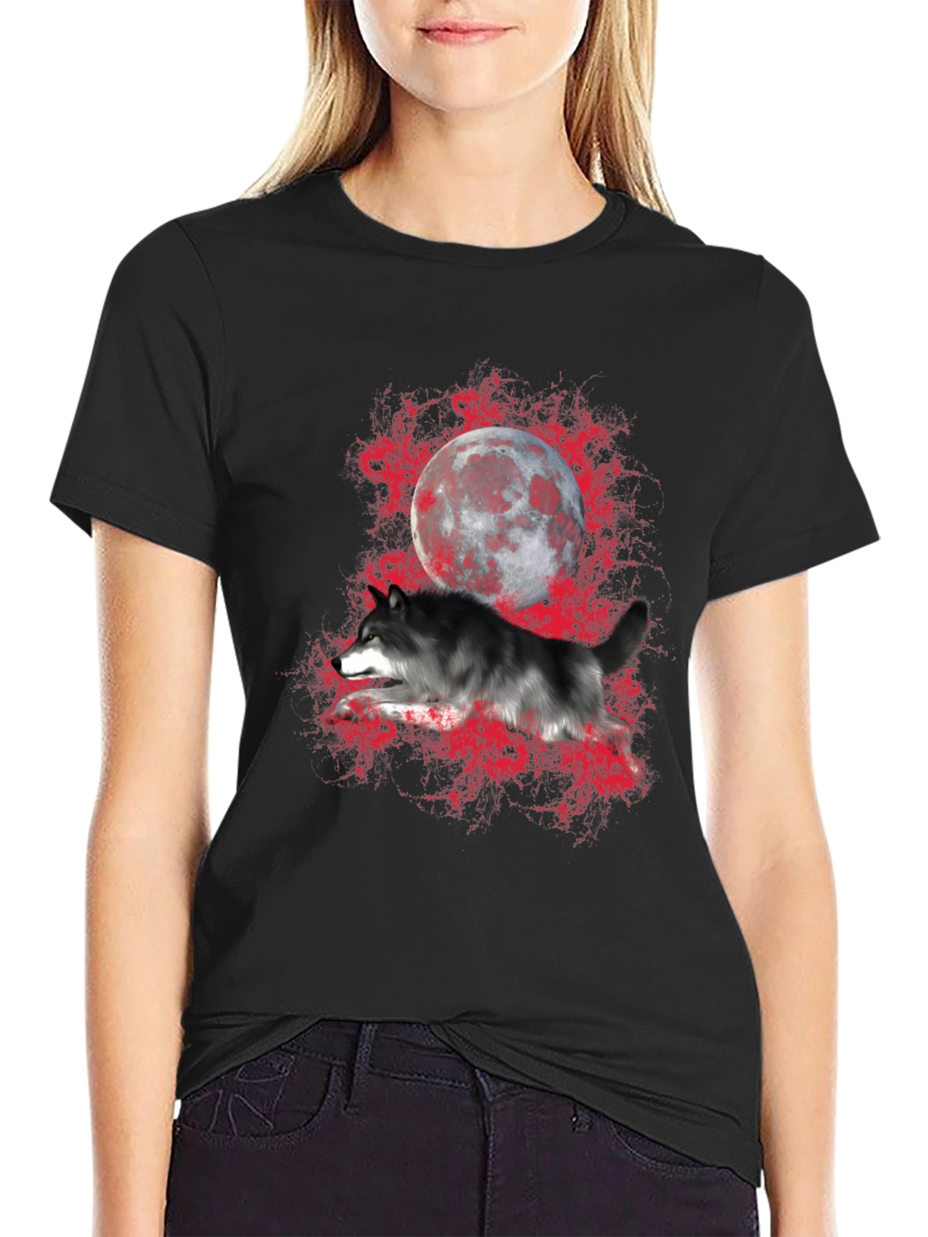 Black Wolf and Moon Graphic T-Shirt view 2