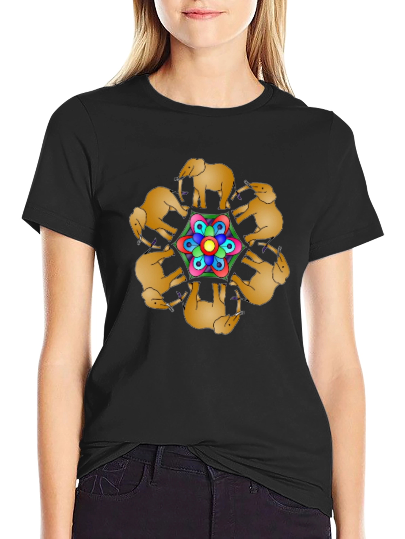 Black Elephant Mandala Black T-Shirt view 2