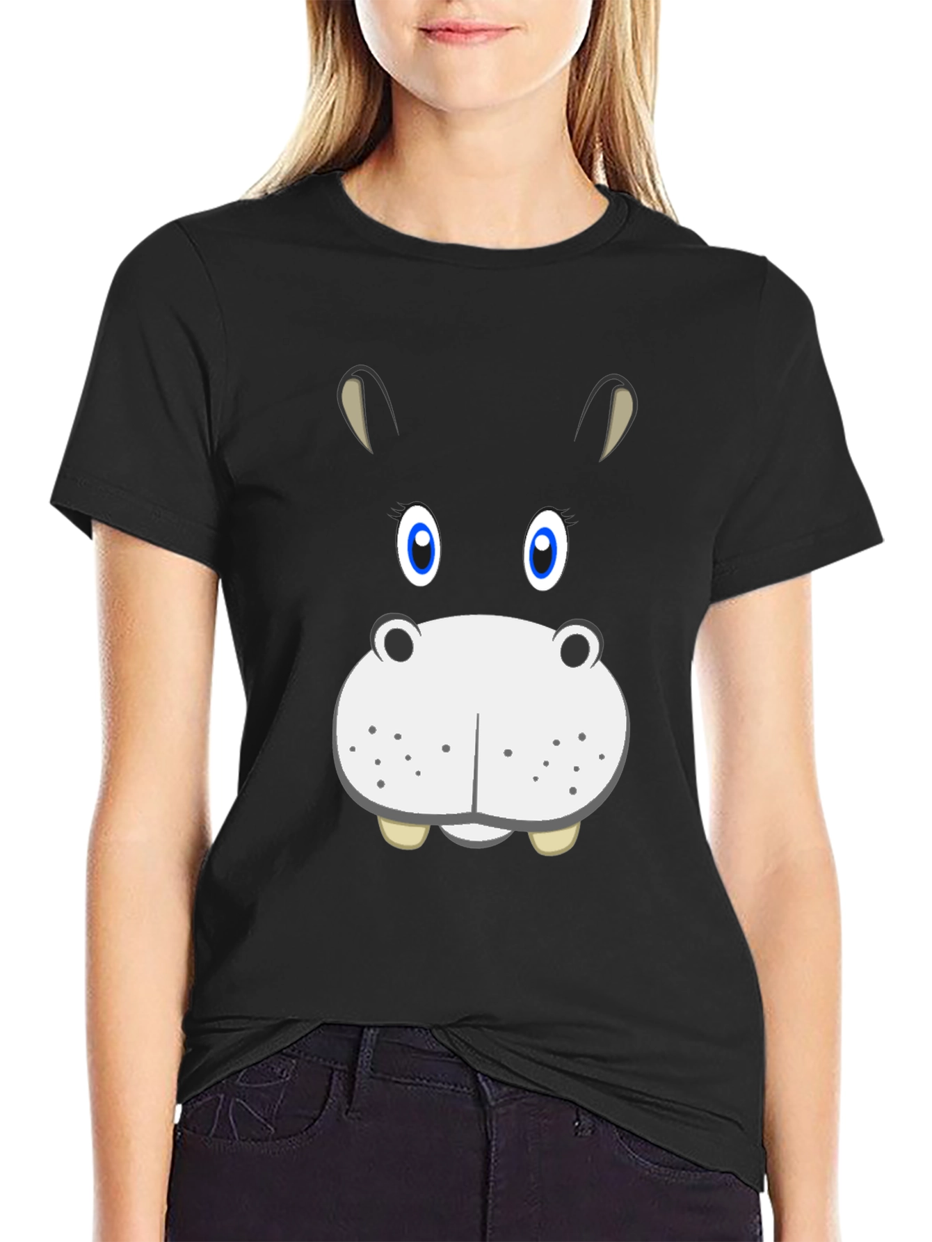 Black Hippo Face Graphic Tee - Fun Cartoon Animal Shirt view 2
