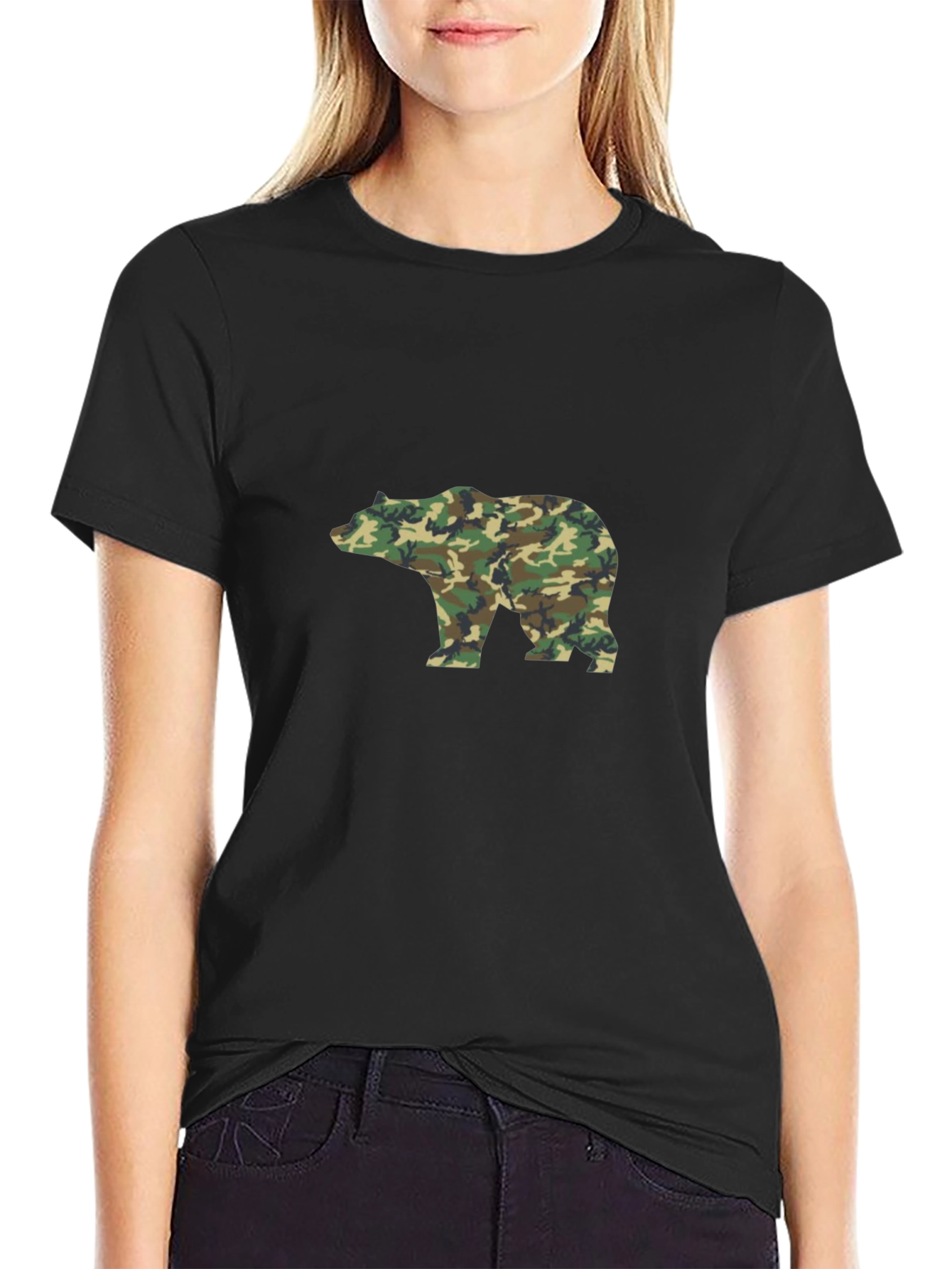 Black Camo Bear Graphic Tee - Black Cotton Blend Casual Shirt view 2