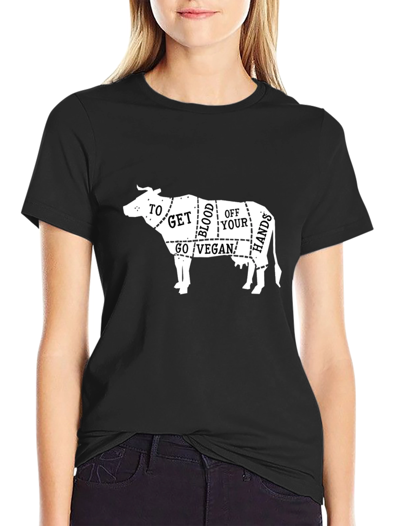 Black Vegan Butcher T-Shirt: "To Get Blood Off Your Hands, Go Vegan!" view 2