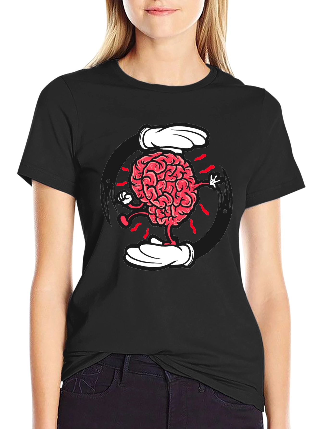 Black Cartoon Brain Graphic Tee - Black Cotton Blend view 2