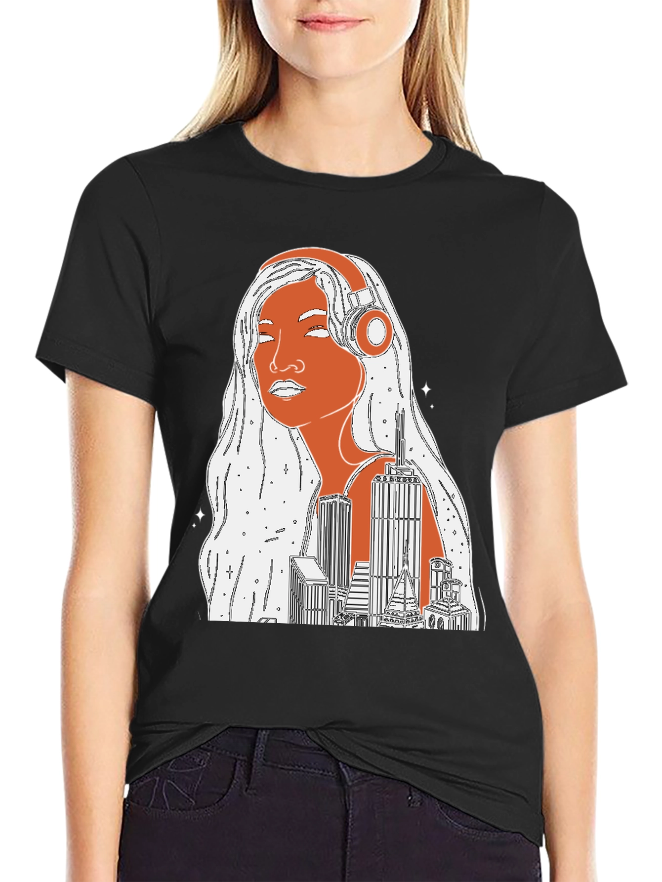 Black Cityscape Headphones Graphic Tee view 2