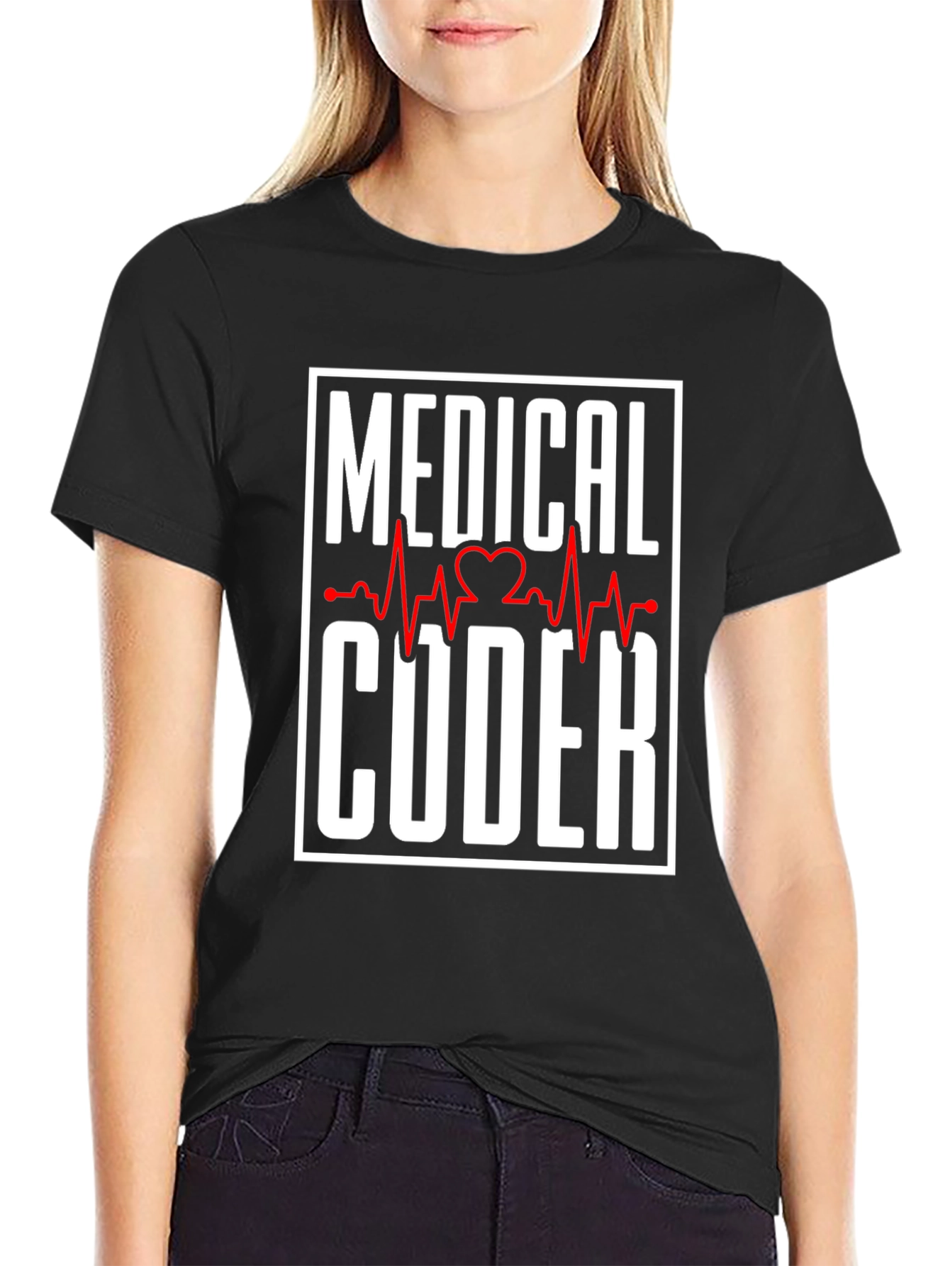 Black Medical Coder Heartbeat Graphic T-Shirt view 2