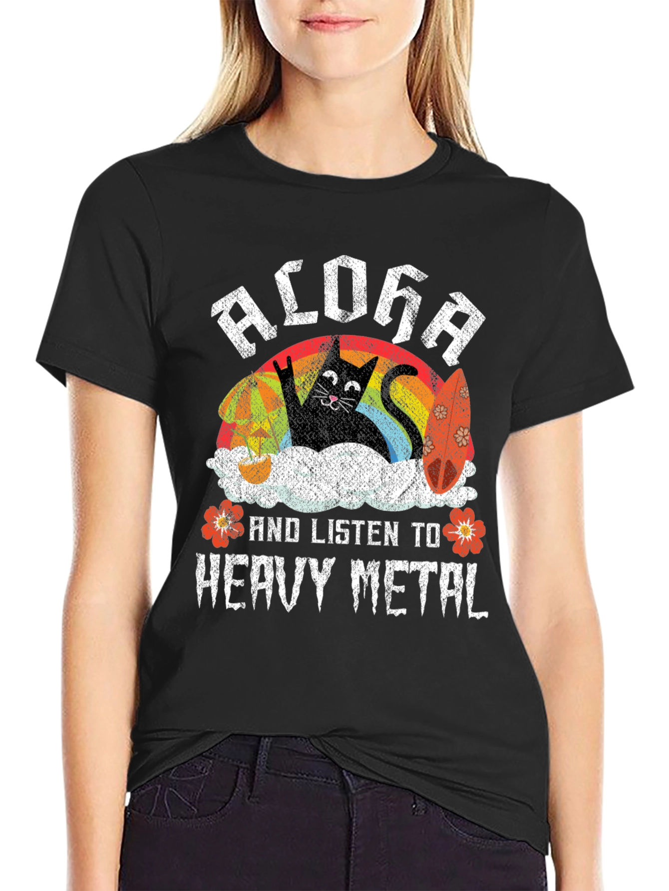 Black Aloha Heavy Metal Cat T-Shirt view 2