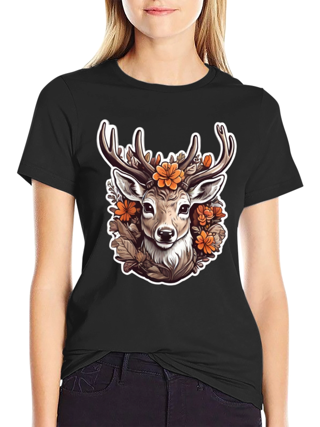 Black Floral Deer Head Graphic T-Shirt view 2