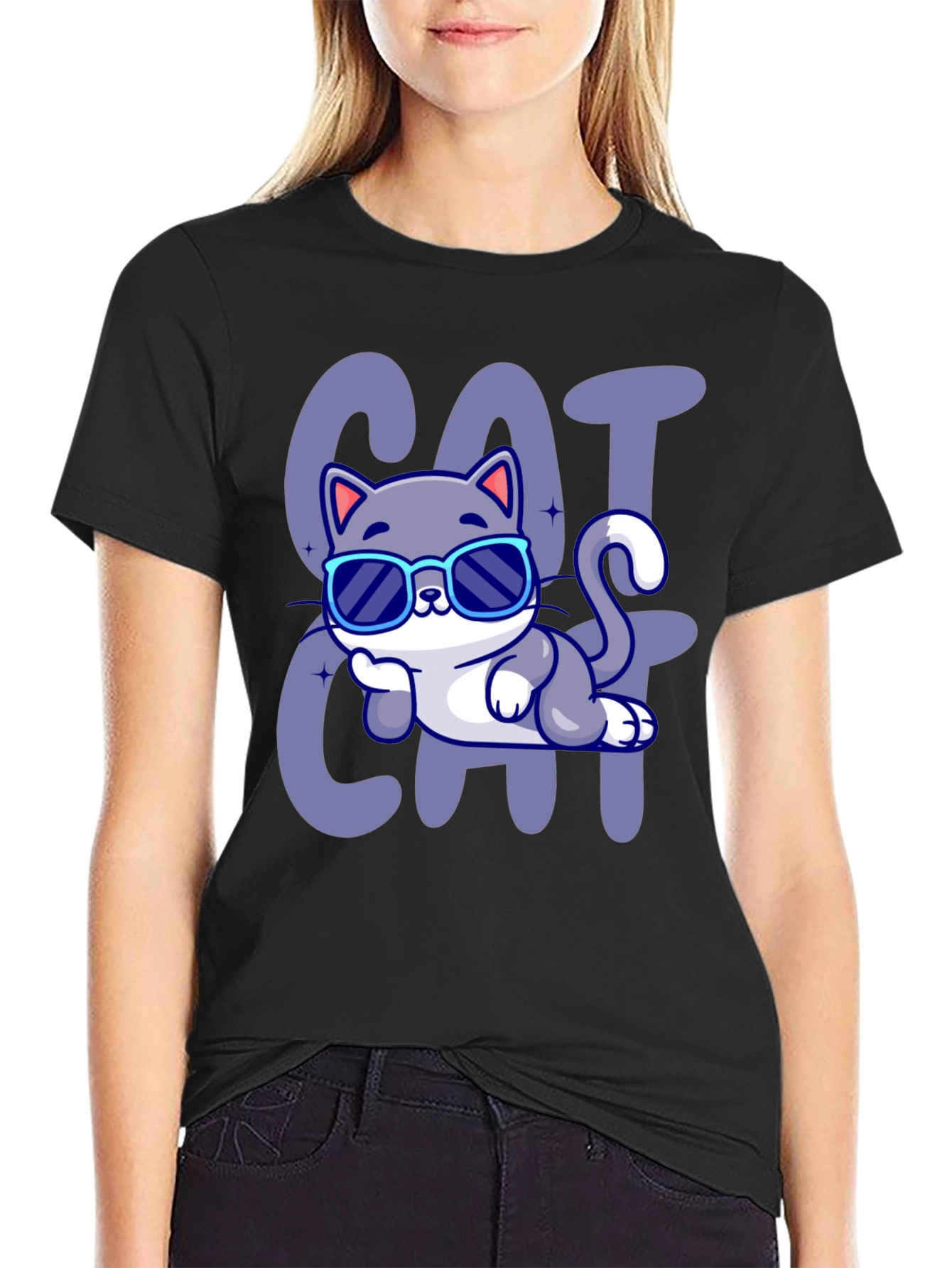 Black Cool Cat Cartoon T-Shirt view 2