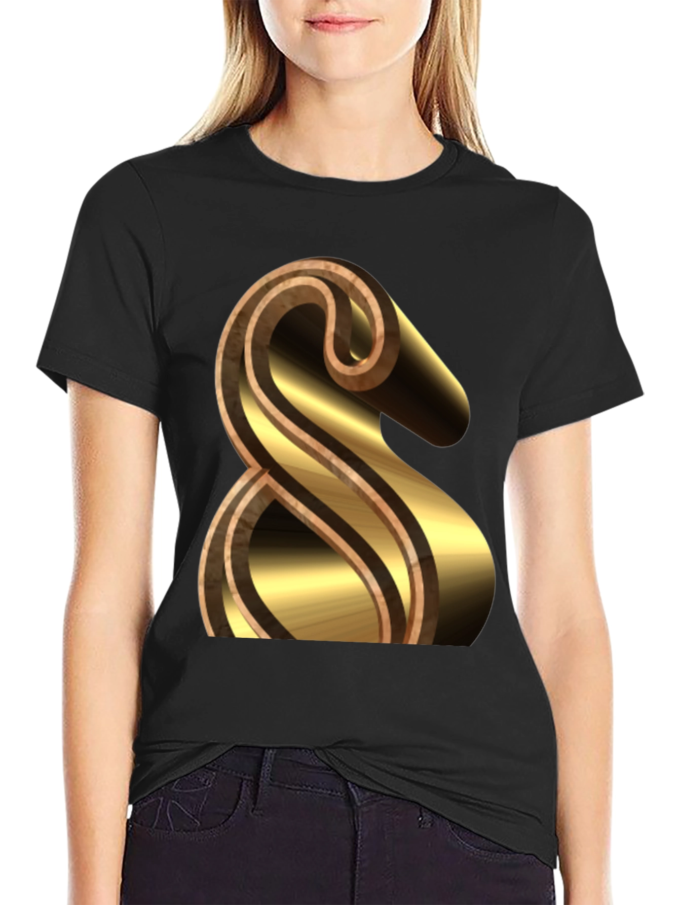 Black Stylish Black Tee with Gold & Brown Ampersand Design view 2