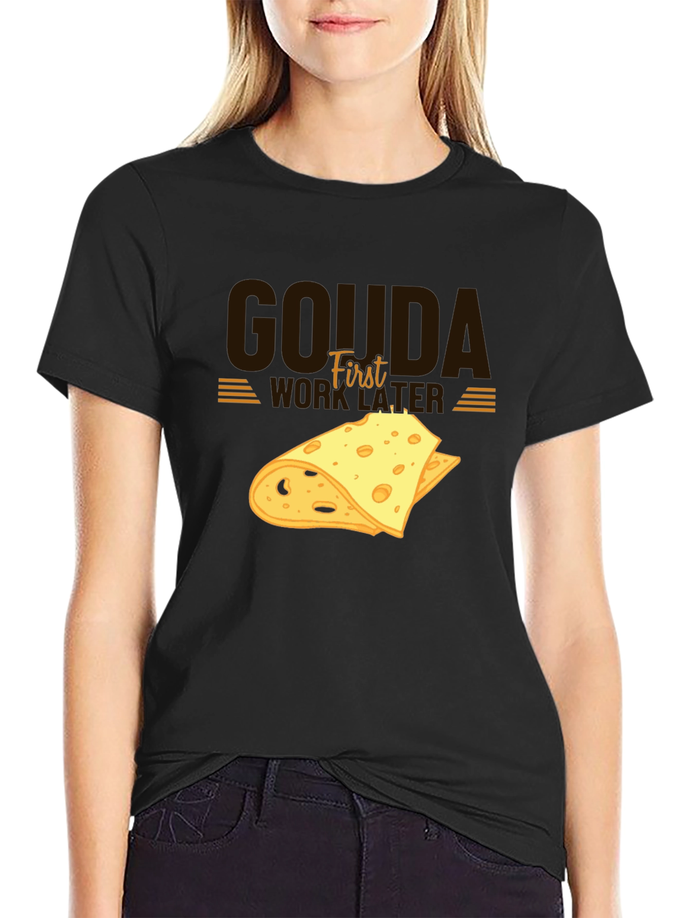 Black Gouda First Work Later Cheese Graphic T-Shirt view 2