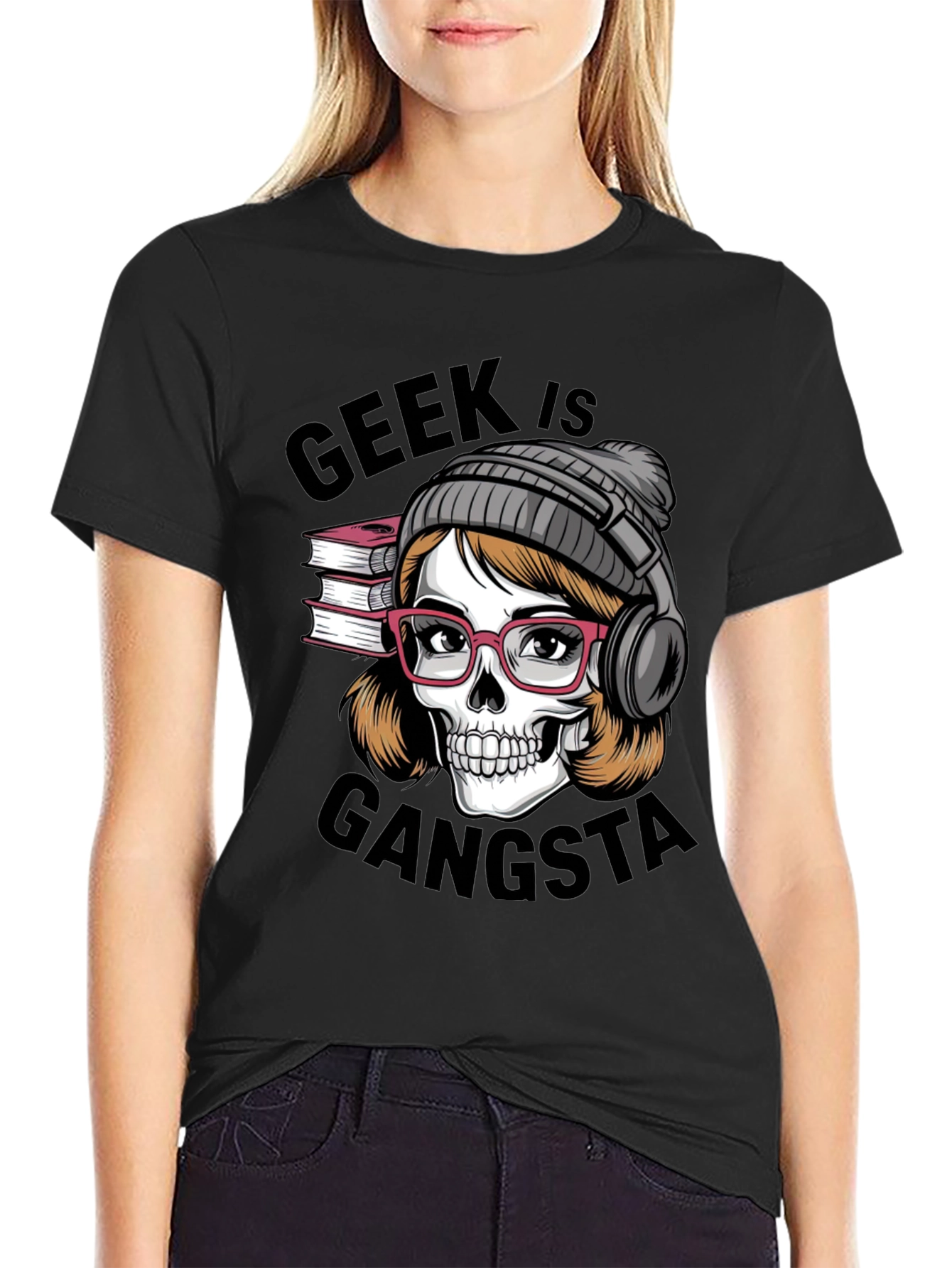 Black Geek is Gangsta T-Shirt - Skull with Glasses and Headphones view 2