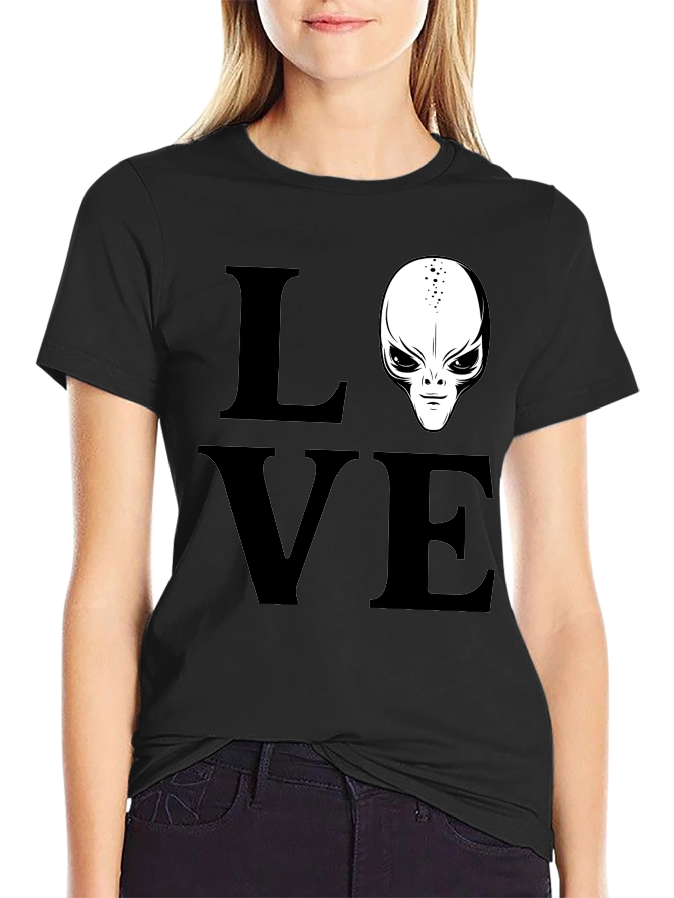 Black Love Alien Black T-Shirt, Sci-Fi Design view 2