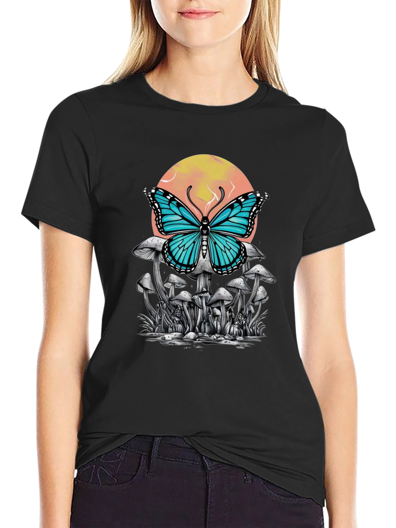 Black Butterfly Mushroom Graphic Tee - Black view 2
