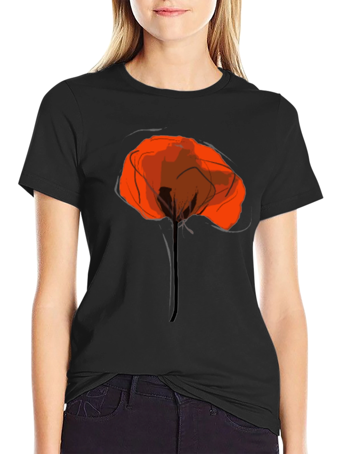 Black Abstract Poppy Graphic Print Black T-Shirt view 2
