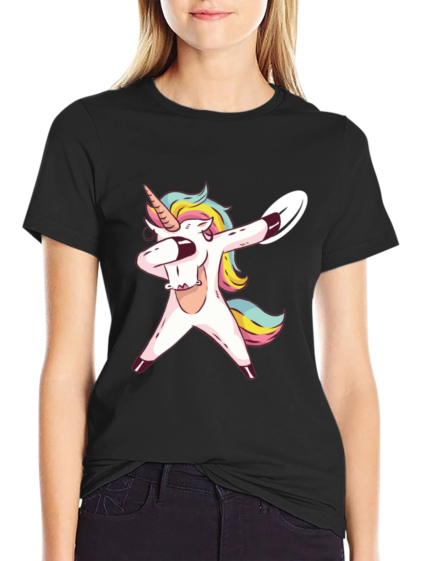 Black Dabbing Unicorn Graphic Tee - Black Cotton T-Shirt view 2