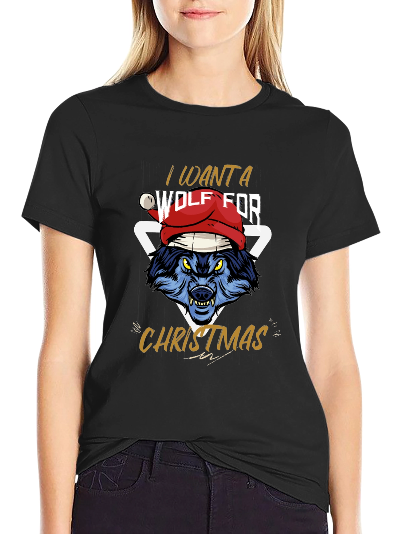 Black Wolf Christmas T-Shirt - I Want A Wolf For Christmas view 2