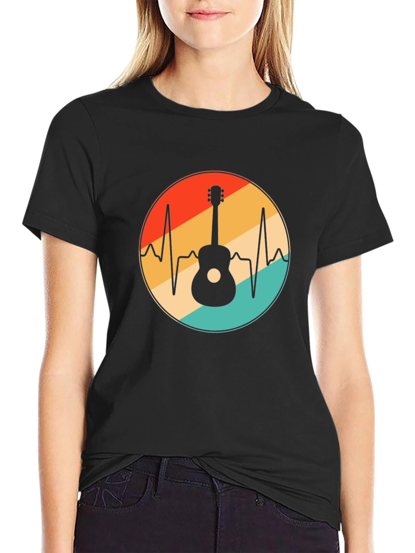 Black Guitar Heartbeat T-Shirt - Music Lover Tee view 2
