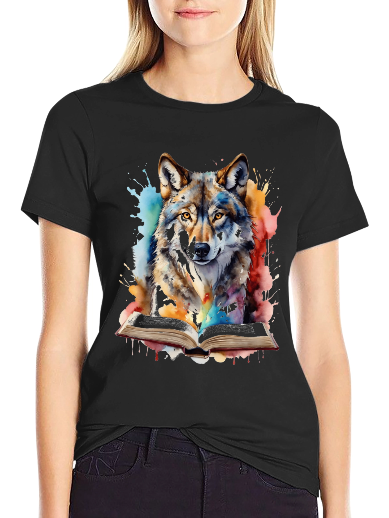 Black Watercolor Wolf Reading T-Shirt - Unique Graphic Tee view 2