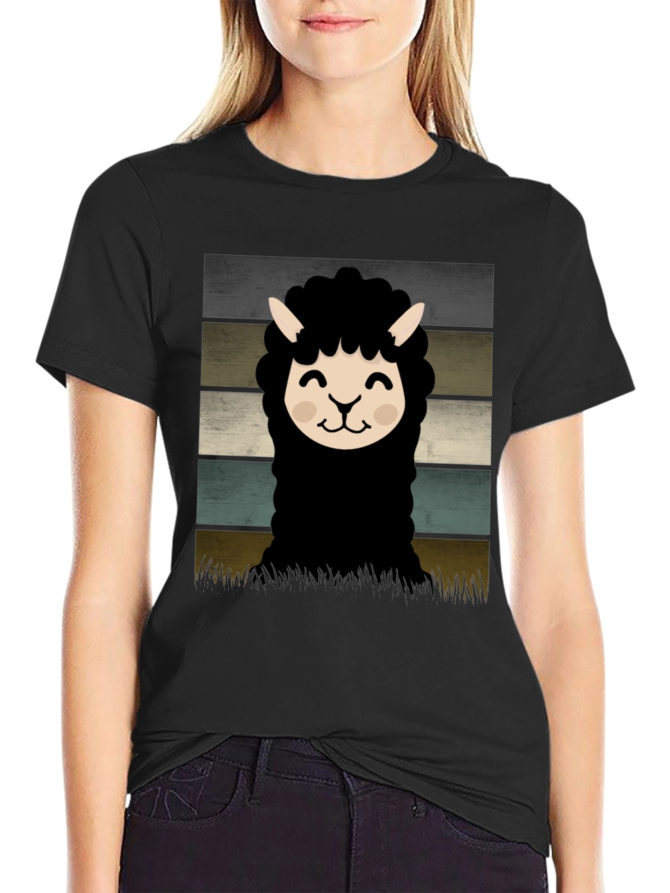Black Retro Alpaca Graphic Tee - Black Cotton Blend view 2