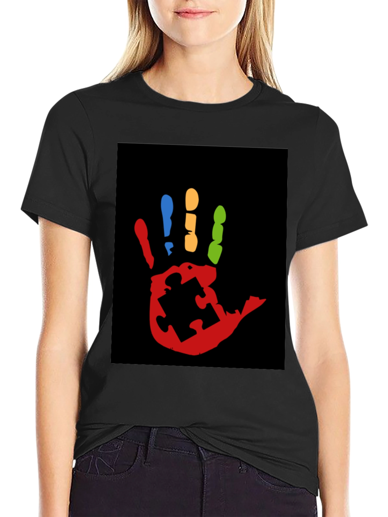 Black Autism Awareness Hand Print T-Shirt view 2