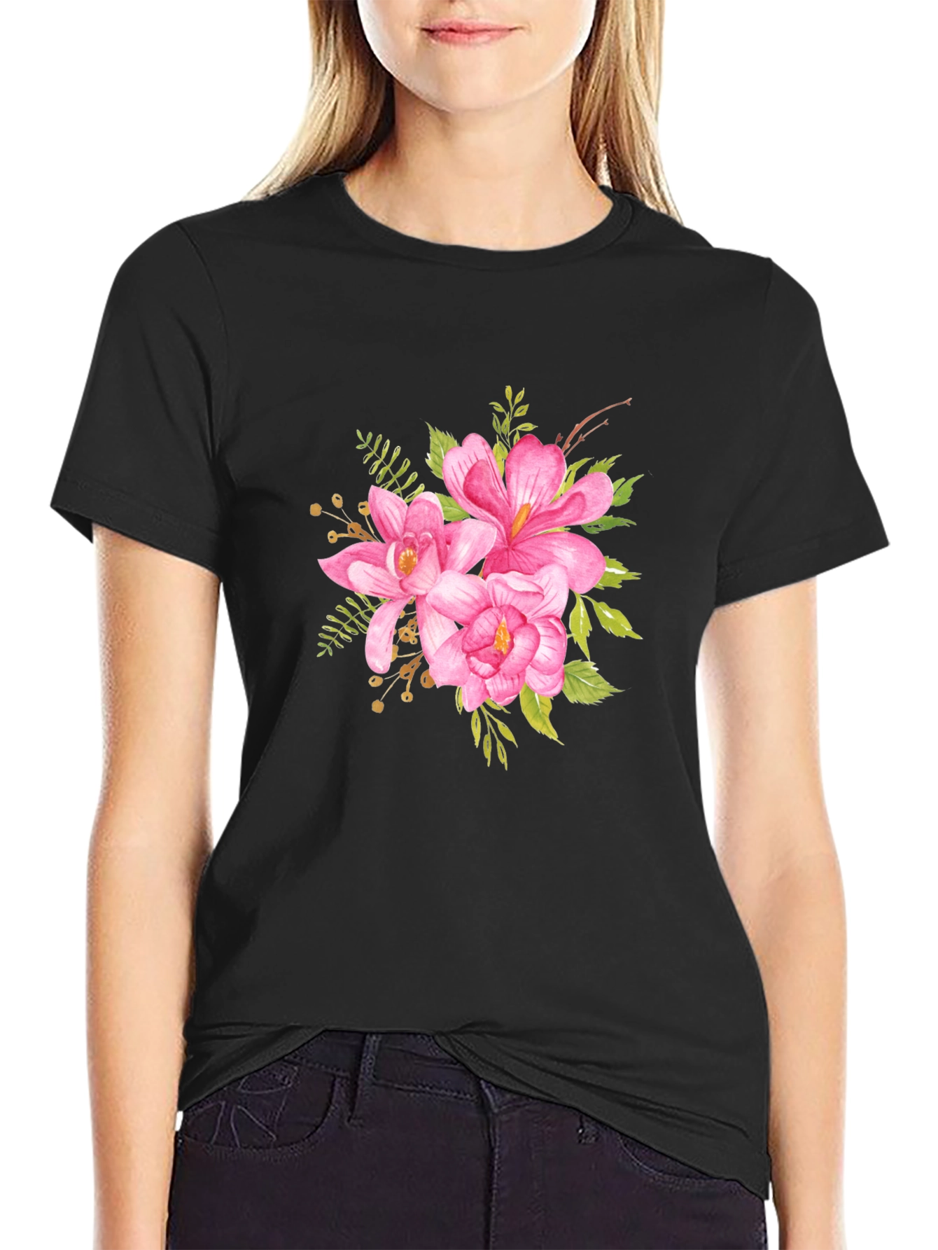 Black Floral T-Shirt - Pink Watercolor Flower Graphic Tee view 2