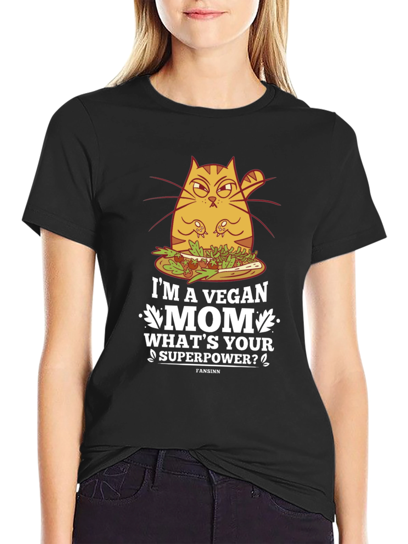 Black Vegan Mom T-Shirt - Funny Cat Design view 2