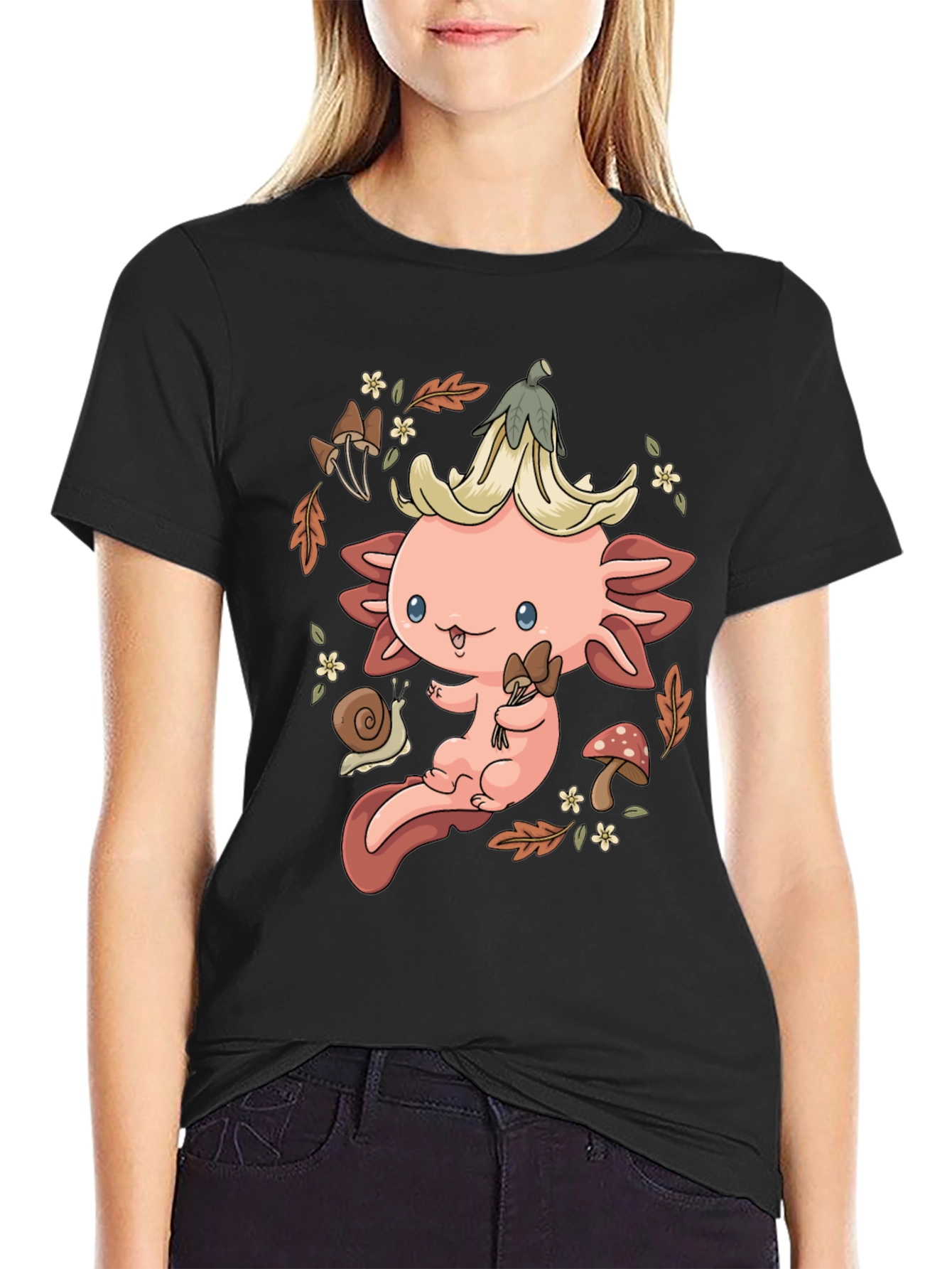 Black Cute Axolotl Mushroom T-Shirt - Whimsical Nature Design view 2