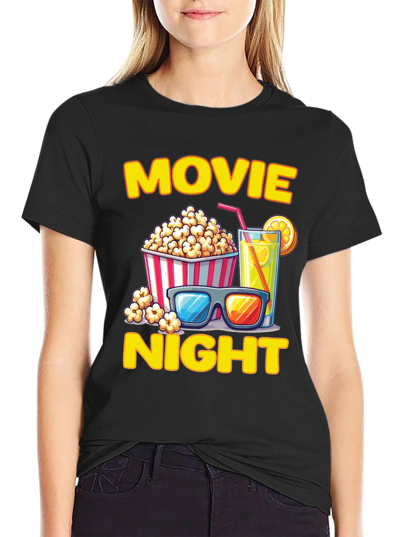 Black Movie Night T-Shirt - Popcorn, Drink, and Glasses view 2