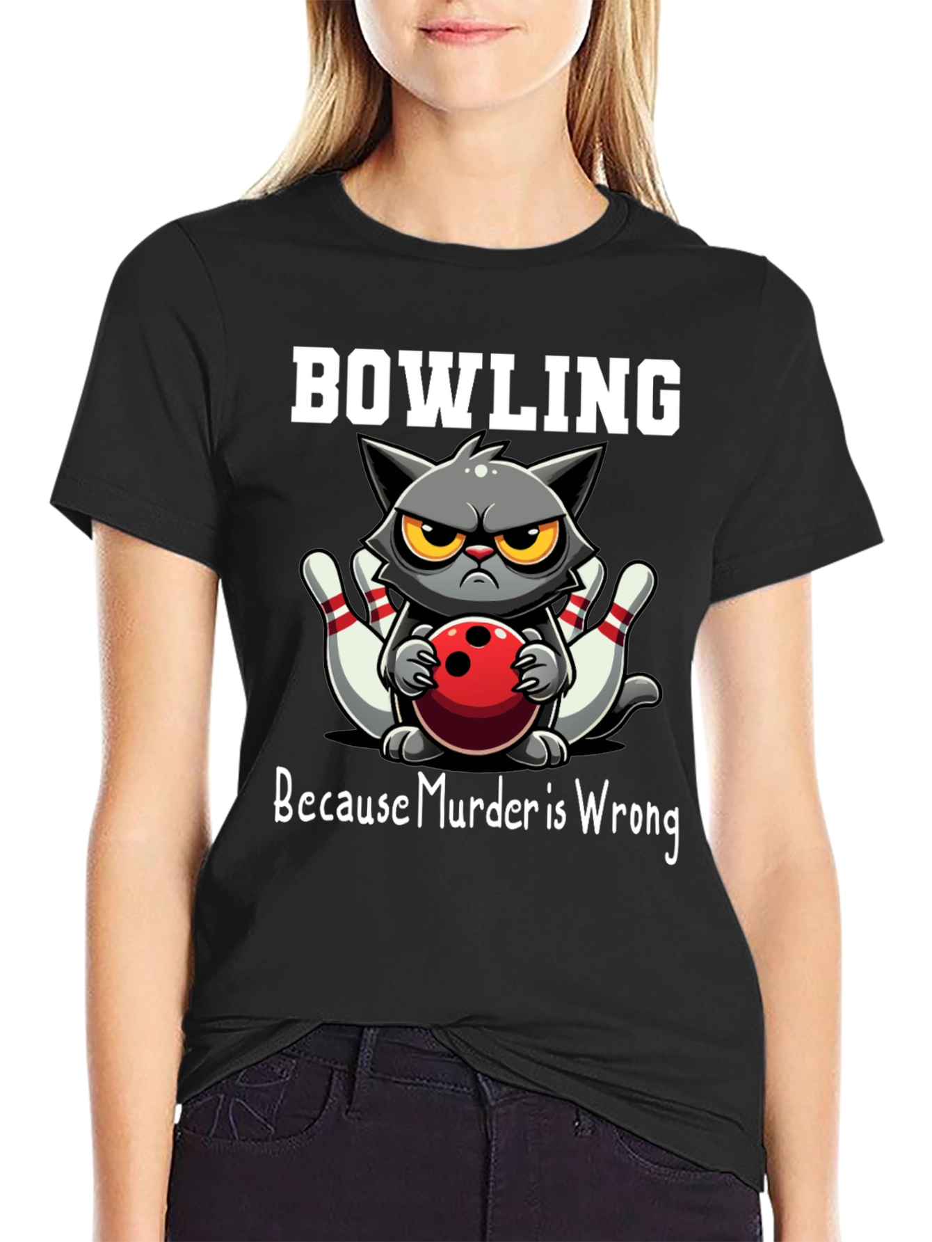 Black Bowling Cat T-Shirt - Because Murder is Wrong view 2