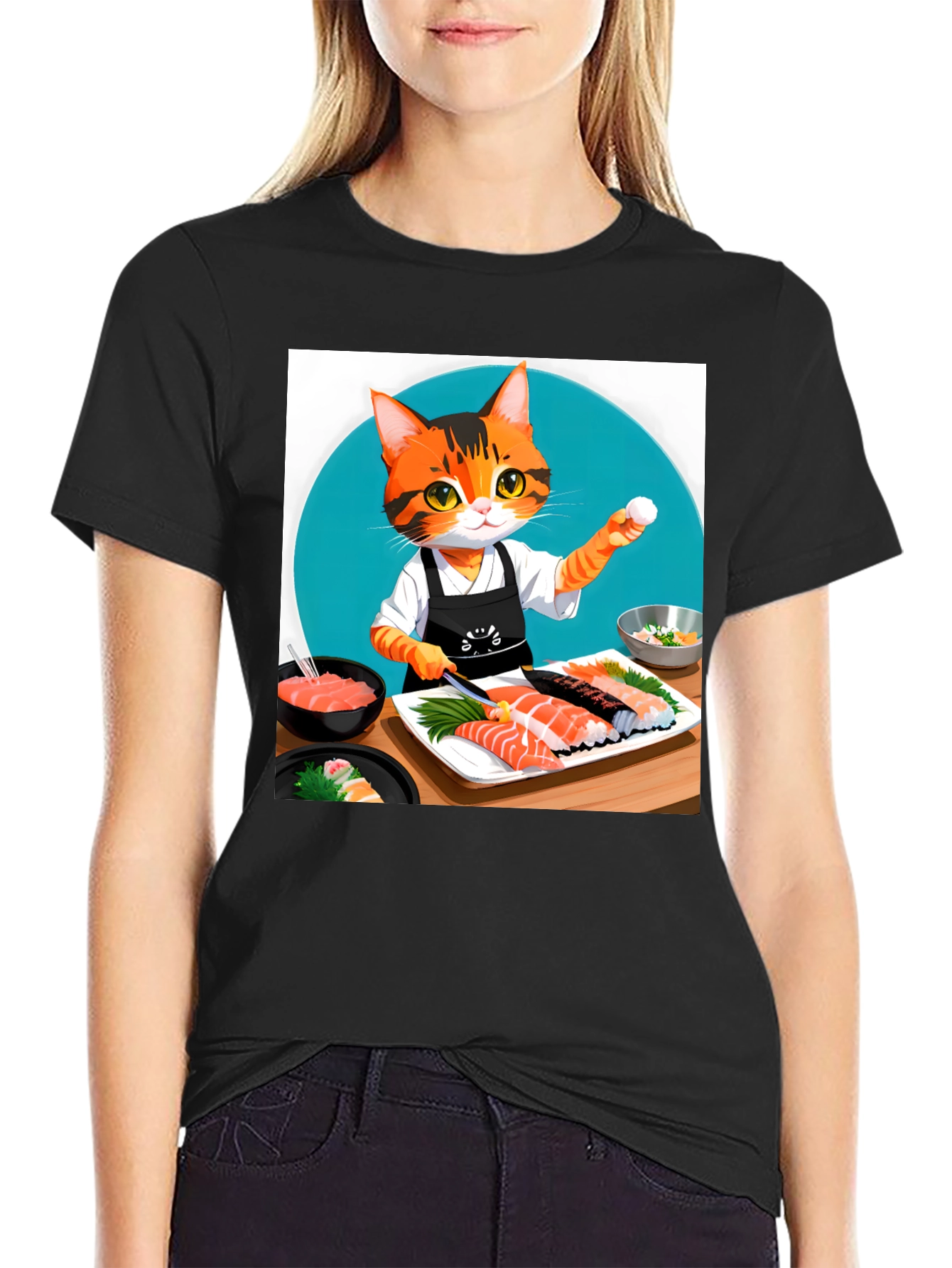 Black Sushi Cat T-Shirt - Chef Kitten Design view 2