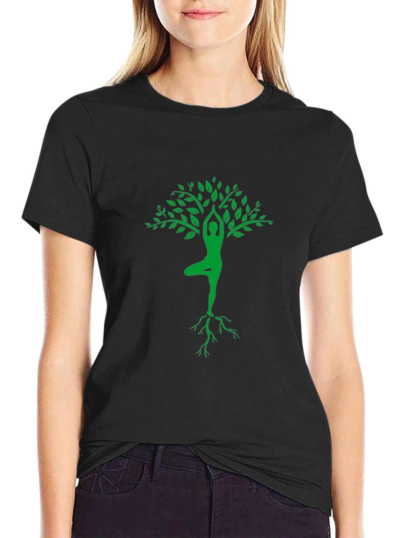 Black Yoga Tree Pose Graphic Tee - Black Cotton view 2
