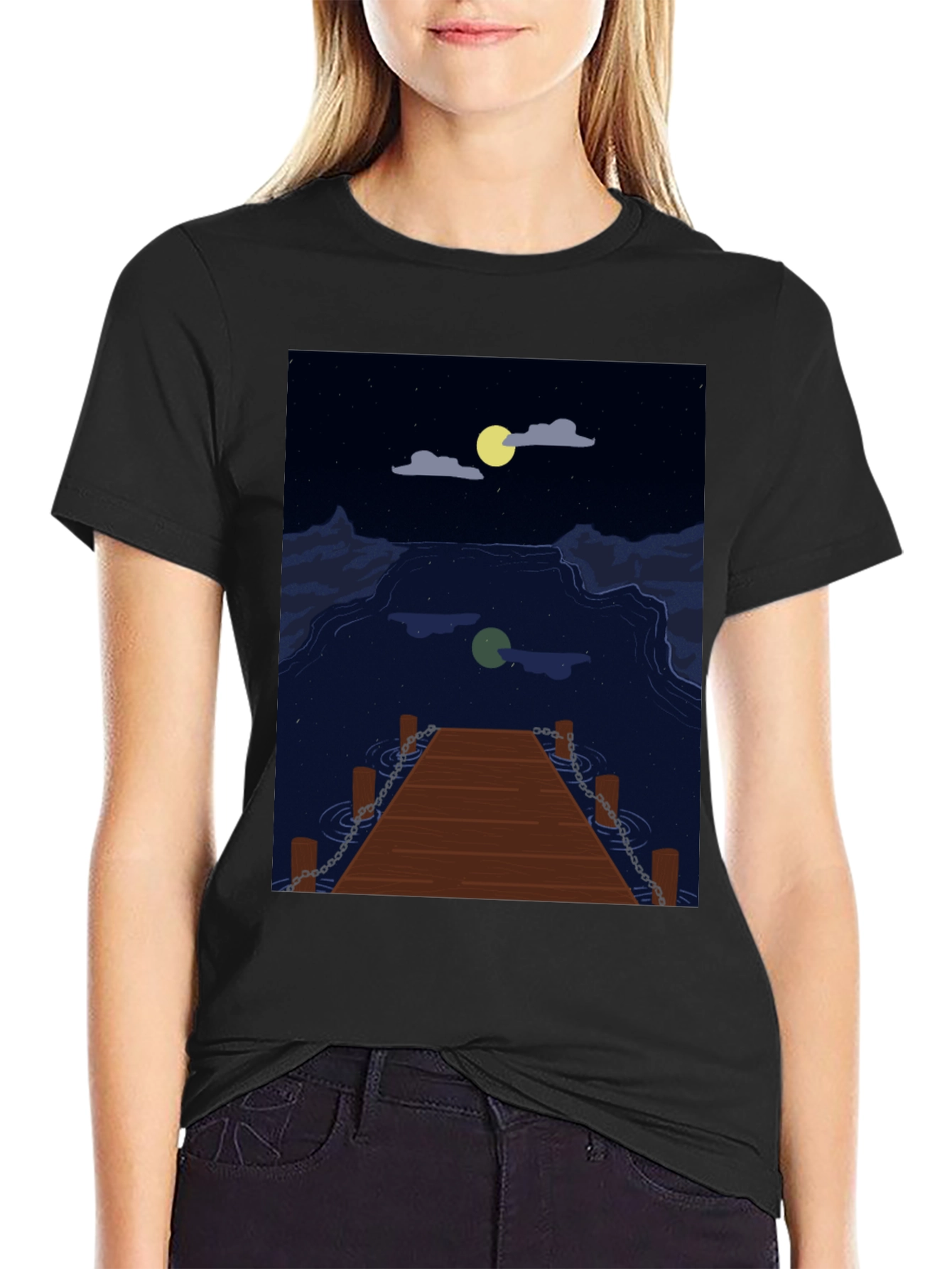 Black Night Lake Dock Graphic Tee view 2