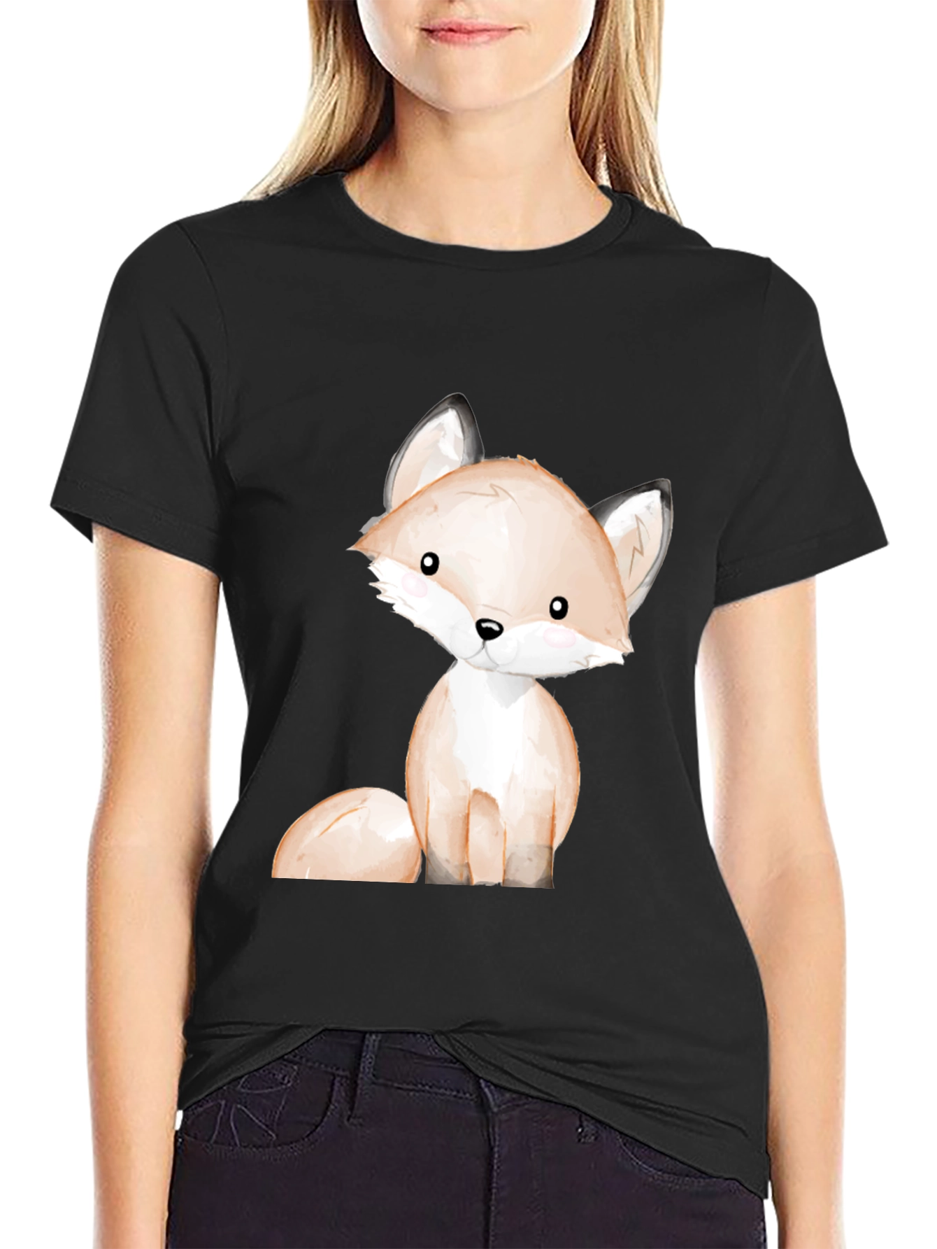 Black Cute Fox Graphic Tee - Unisex Black T-Shirt view 2