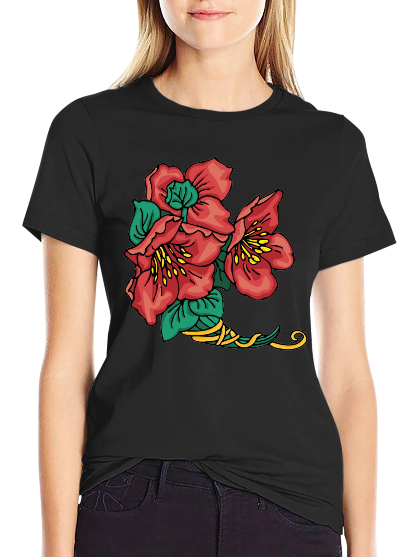 Black Floral Graphic Tee - Black Cotton Casual Shirt view 2