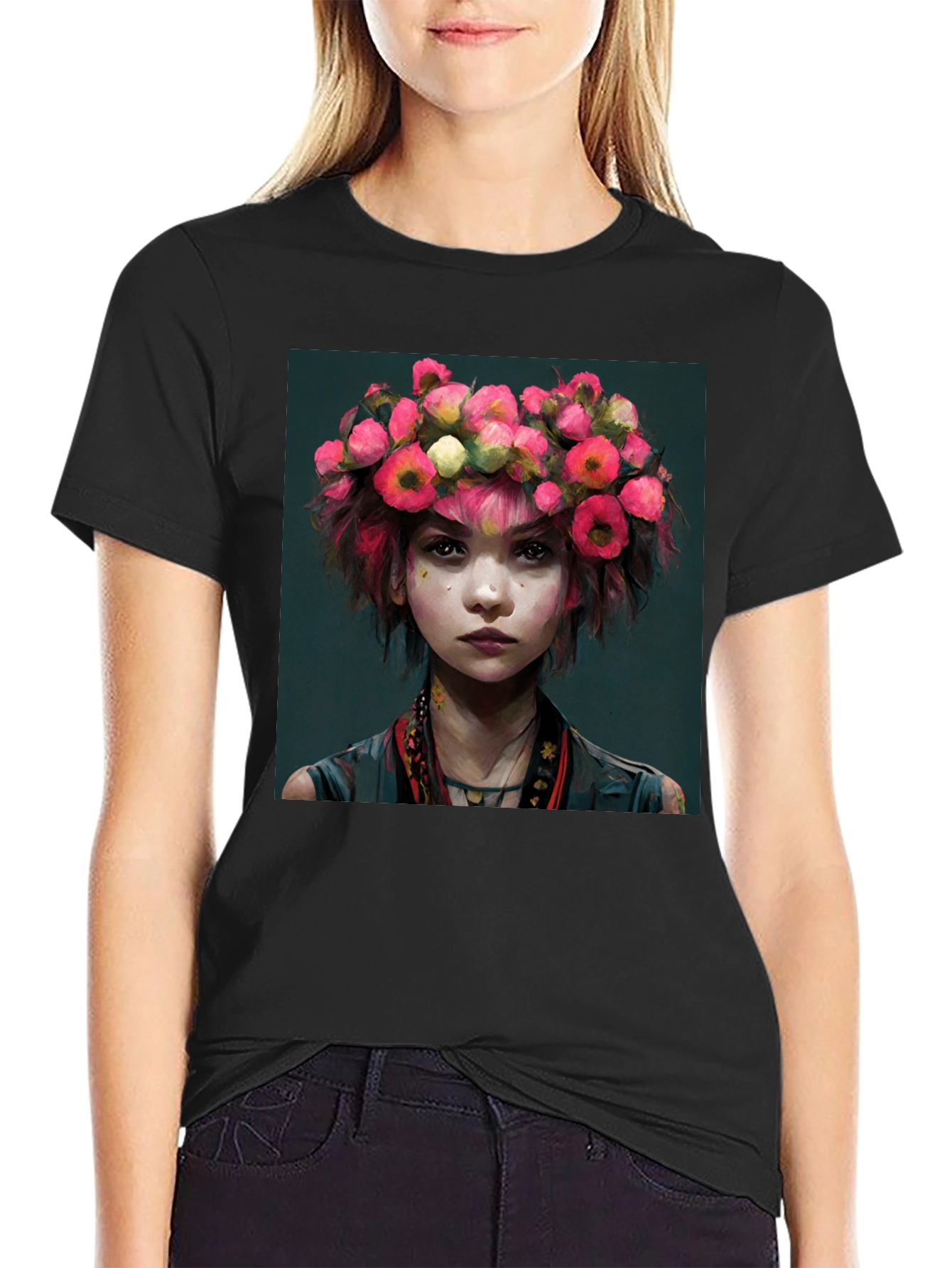 Black Floral Crown Girl Portrait T-Shirt view 2