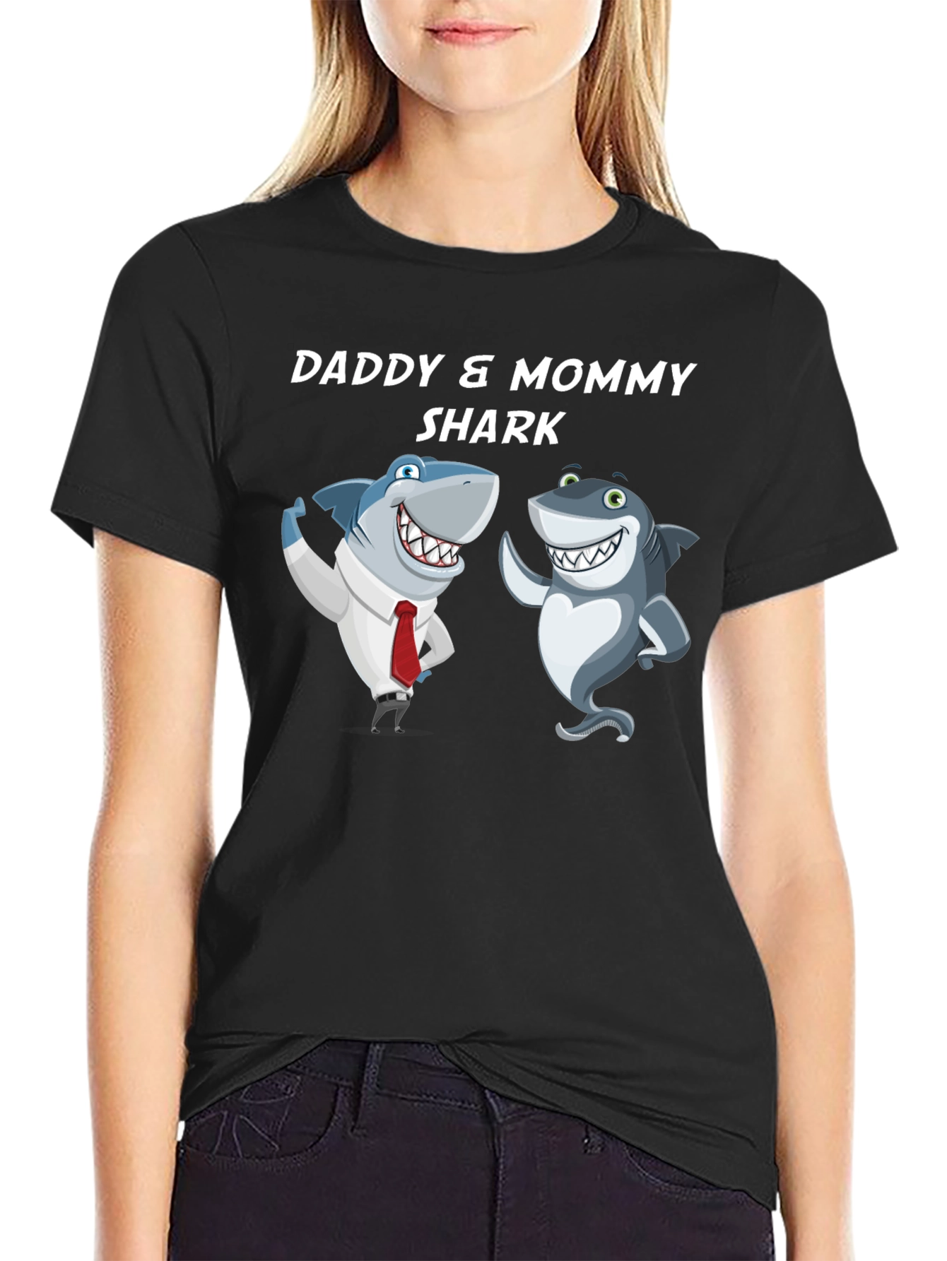 Black Daddy & Mommy Shark T-Shirt - Cute Family Tee view 2