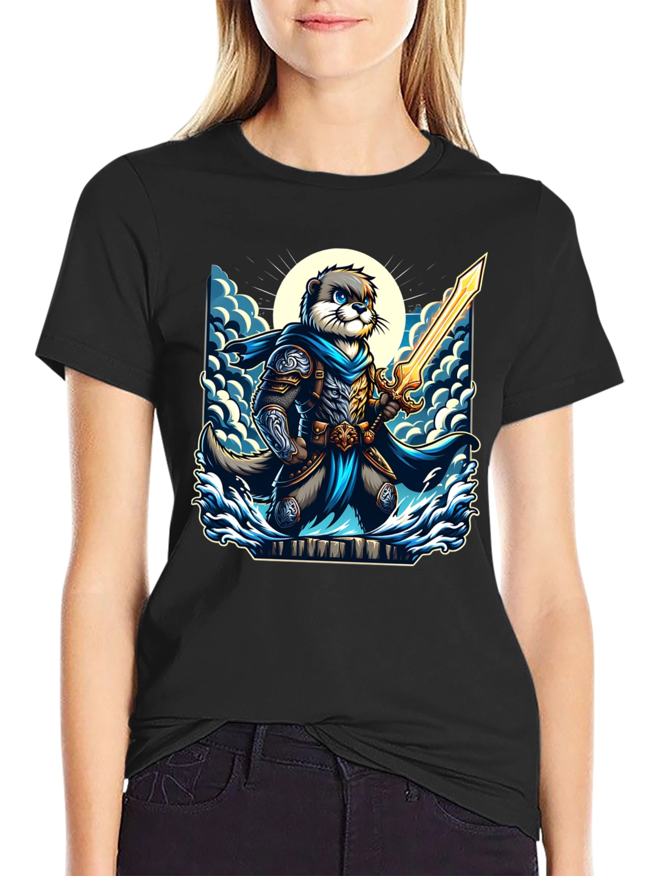 Black Otter Knight T-Shirt - Fantasy Graphic Tee view 2
