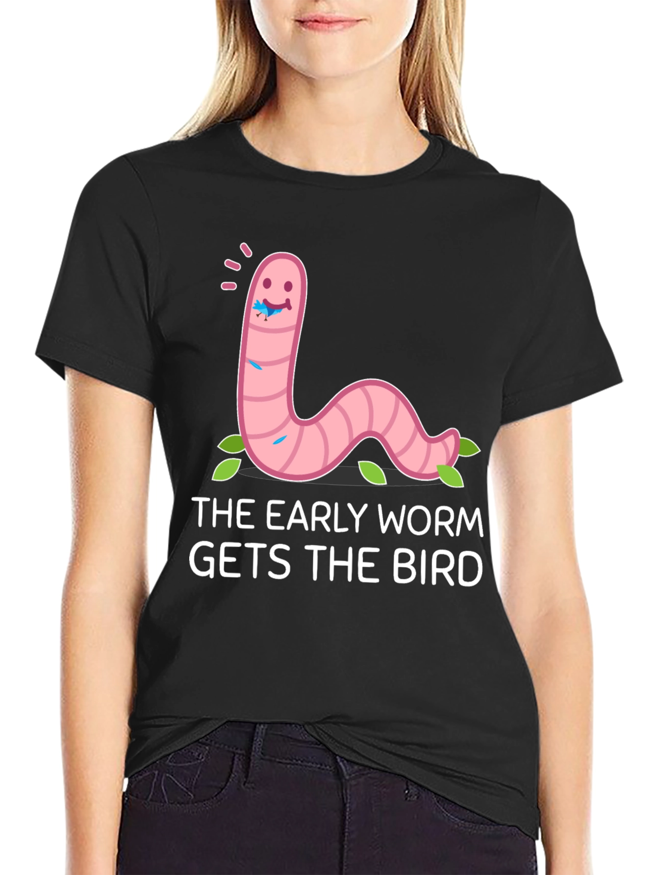 Black Early Worm Gets the Bird Graphic Tee view 2