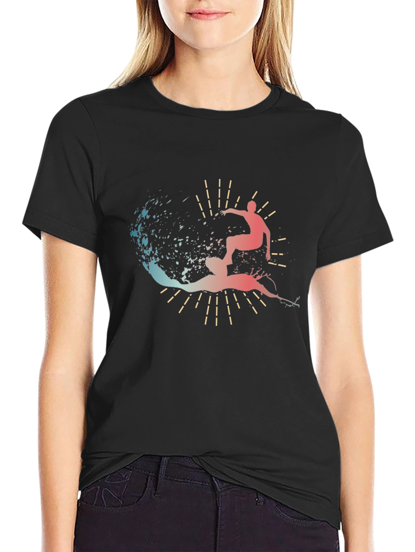 Black Surfer Silhouette Graphic Tee - Stylish Black Cotton T-Shirt view 2