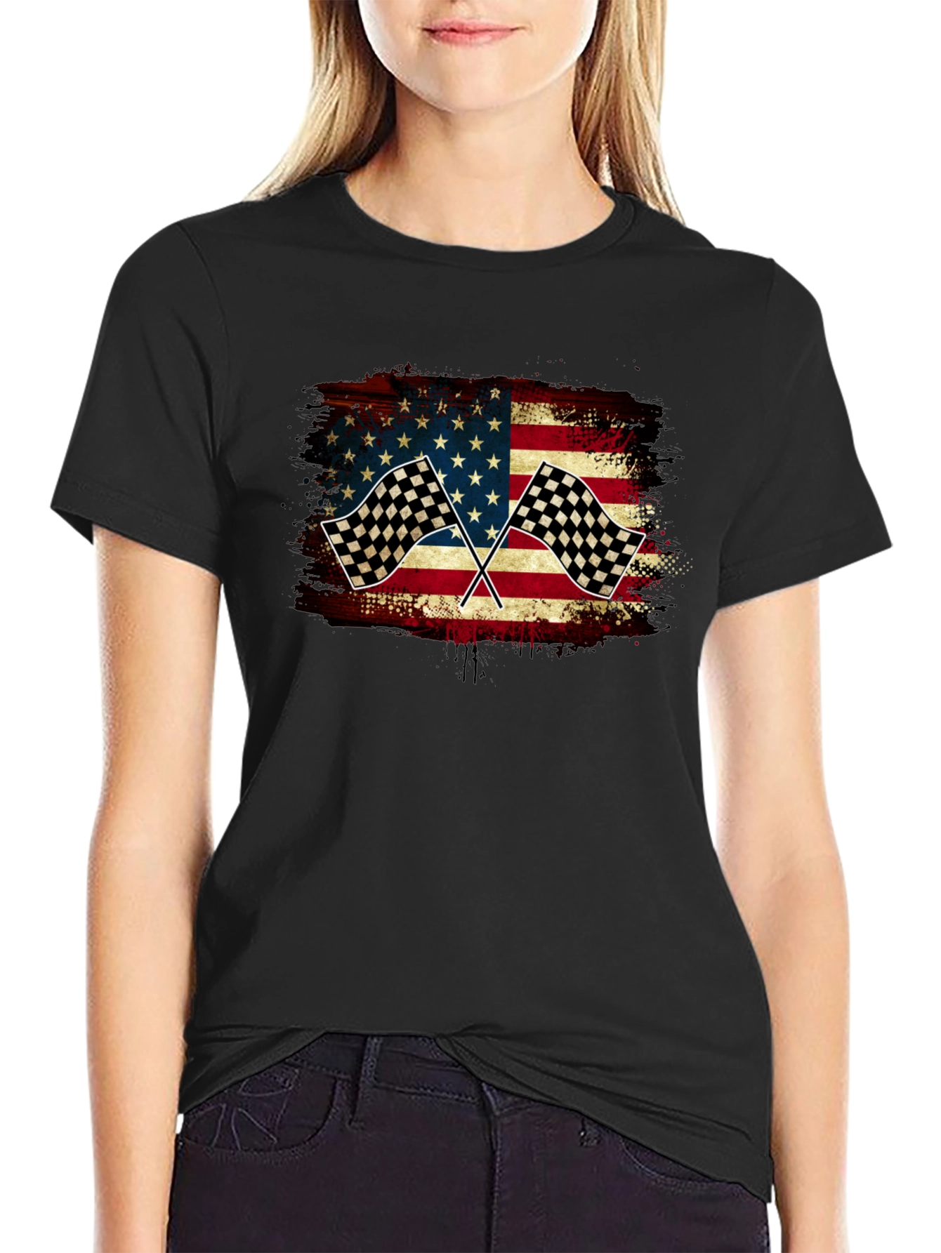Black American Flag Race Car T-Shirt view 2