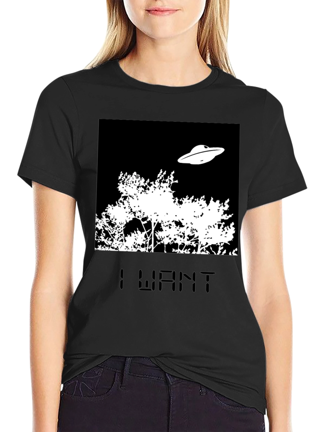 Black I Want T-Shirt UFO Tee Black Novelty  view 2
