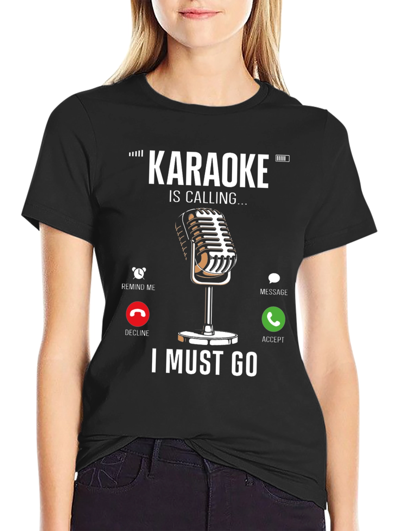 Black Karaoke Calling T-Shirt - Music Lover Tee view 2