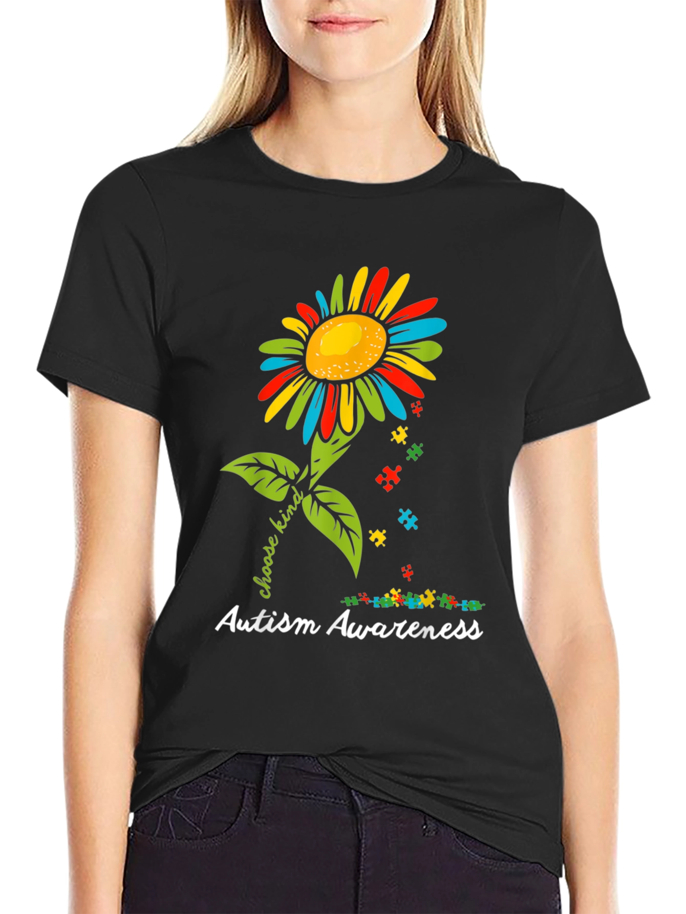 Black Autism Awareness Sunflower T-Shirt - Choose Kind view 2
