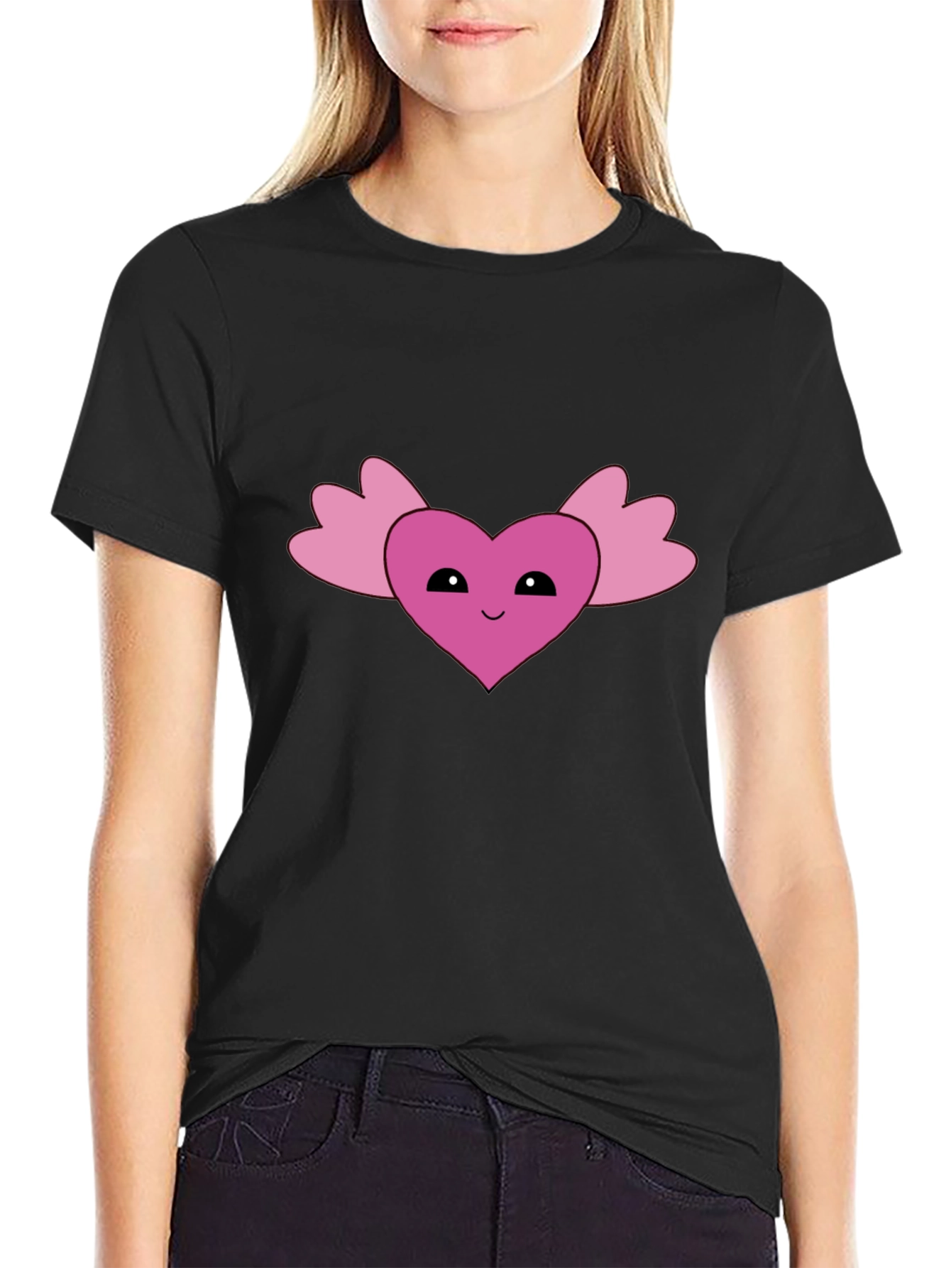 Black Cute Heart Wings Graphic Tee - Black Cotton T-Shirt view 2