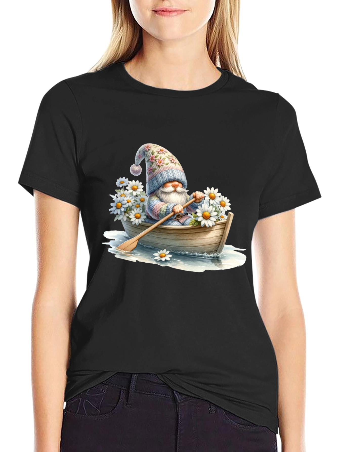 Black Gnome in Boat T-Shirt - Whimsical Floral Hat view 2