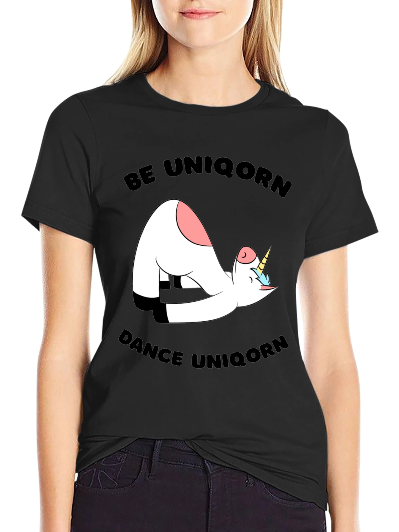 Black Funny Unicorn Yoga Graphic Black T-Shirt view 2